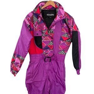 Vintage 80s Snuggler by Kaelin Ski Suit Size 10 Purple Belted Snowsuit Stirrups